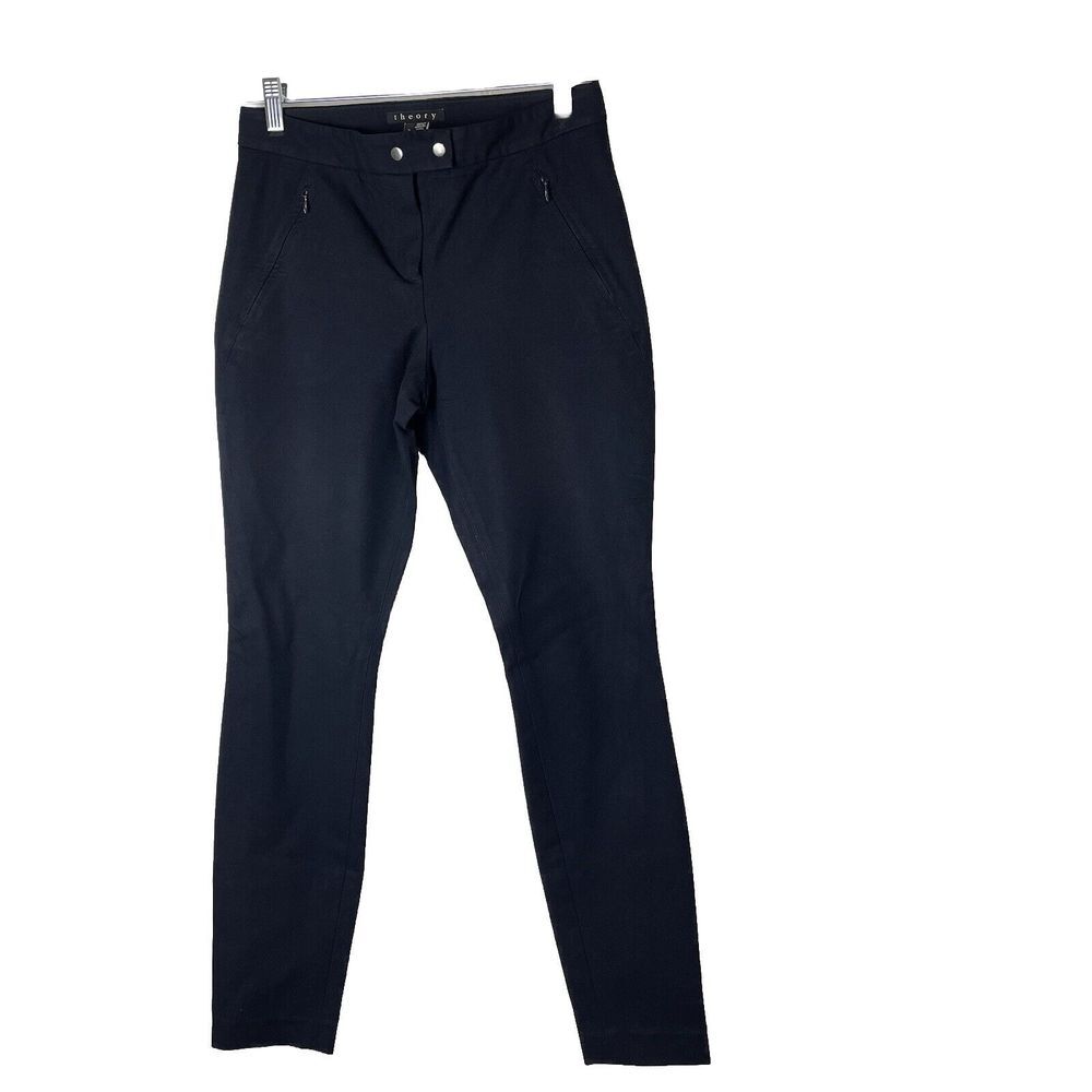 Theory Womens Black Flat‎ Front Pants Sz 2 Tapered Leg Pockets MidRise